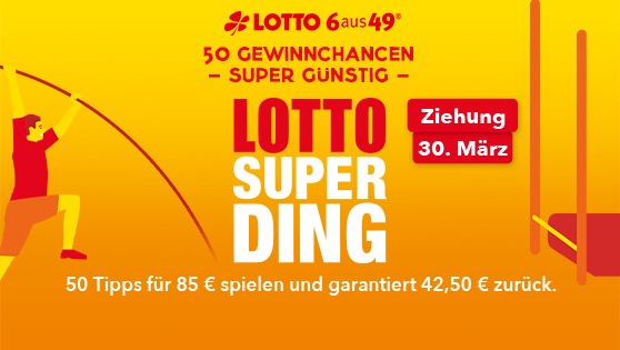 Stilisiertes Bild eines Stabhochspringers, der über eine sehr sehr niedrige Latte springt. Ziehung Lotto-SuperDing am 30.03.