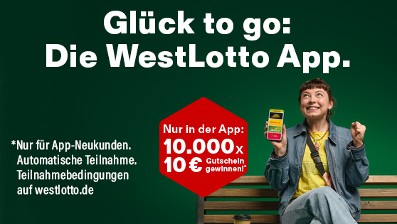 Glueck to go: Die WestLotto App. Nur in der App: 10000 x 10 € Gutschein zu gewinnen. Nur für App-Neukunden. Automatische Teilnahme.