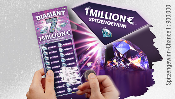 Grauer Hintergrund. Im Vordergrund Hände, die das Rubbellos Diamant 7 halten und freirubbeln. Der Spitzengewinn von 1 Million Euro wird genannt.