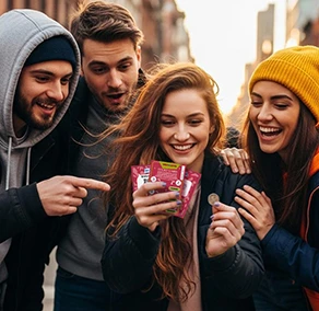 Mehrere junge Menschen halten ein Lucky Bunch in der Hand und lachen