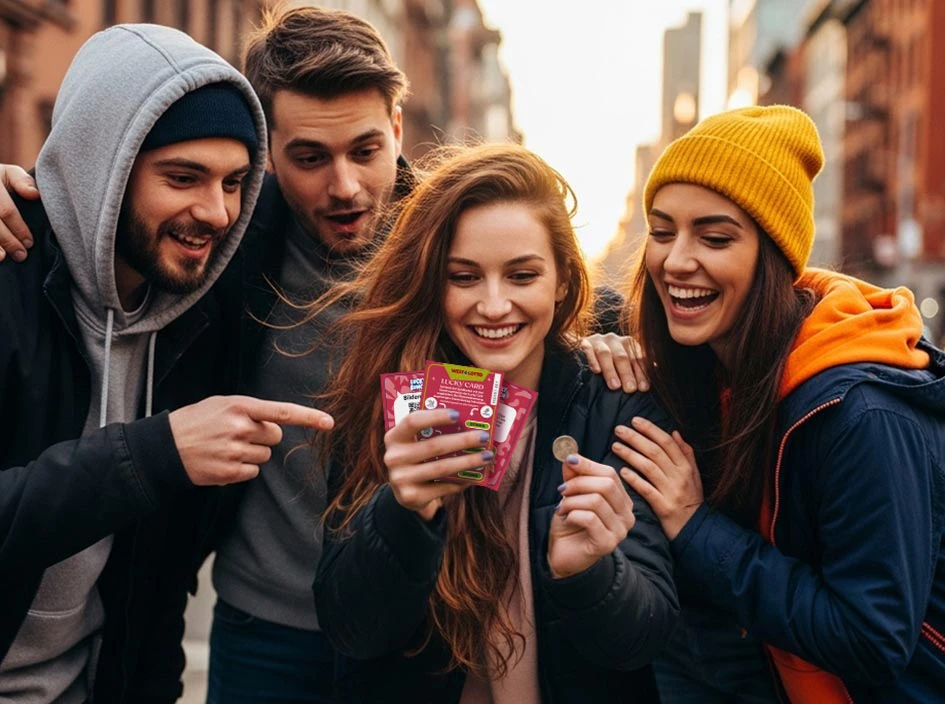 Mehrere junge Menschen halten ein Lucky Bunch in der Hand und lachen