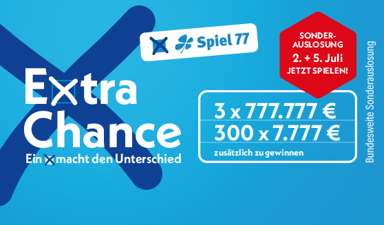 Hellblauer Hintergrund, Infos zur Spiel 77 Sonderauslosung am 2. und 5. Juli. 3 x 777.777 Euro und 300 x 7.777 Euro