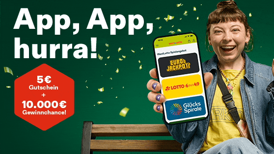 Eine junge Frau streckt der betrachtenden Person freudestrahlend das Handy entgegen, zu sehen ist die WestLotto-App. App App hurra!
