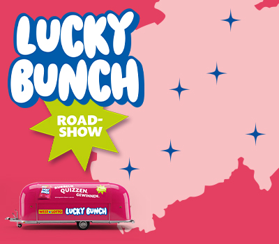 Lucky Bunch Roadshow. Karte von NRW mit eingezeichneten Stopps des Lucky Bunch Mobils.
