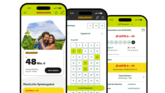 Drei Screens aus der Westlotto-App zu Gewinnzahlen, Spielschein und der Startseite. Drei Screens aus der Westlotto-App zu Gewinnzahlen, Spielschein und der Startseite.