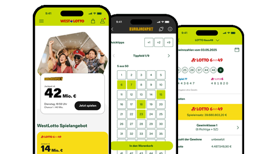 Drei Screens aus der Westlotto-App zu Gewinnzahlen, Spielschein und der Startseite.