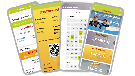 Vier Screens aus der Westlotto-App zu Gewinnzahlen, ShopPlay, Spielschein und der Startseite.
