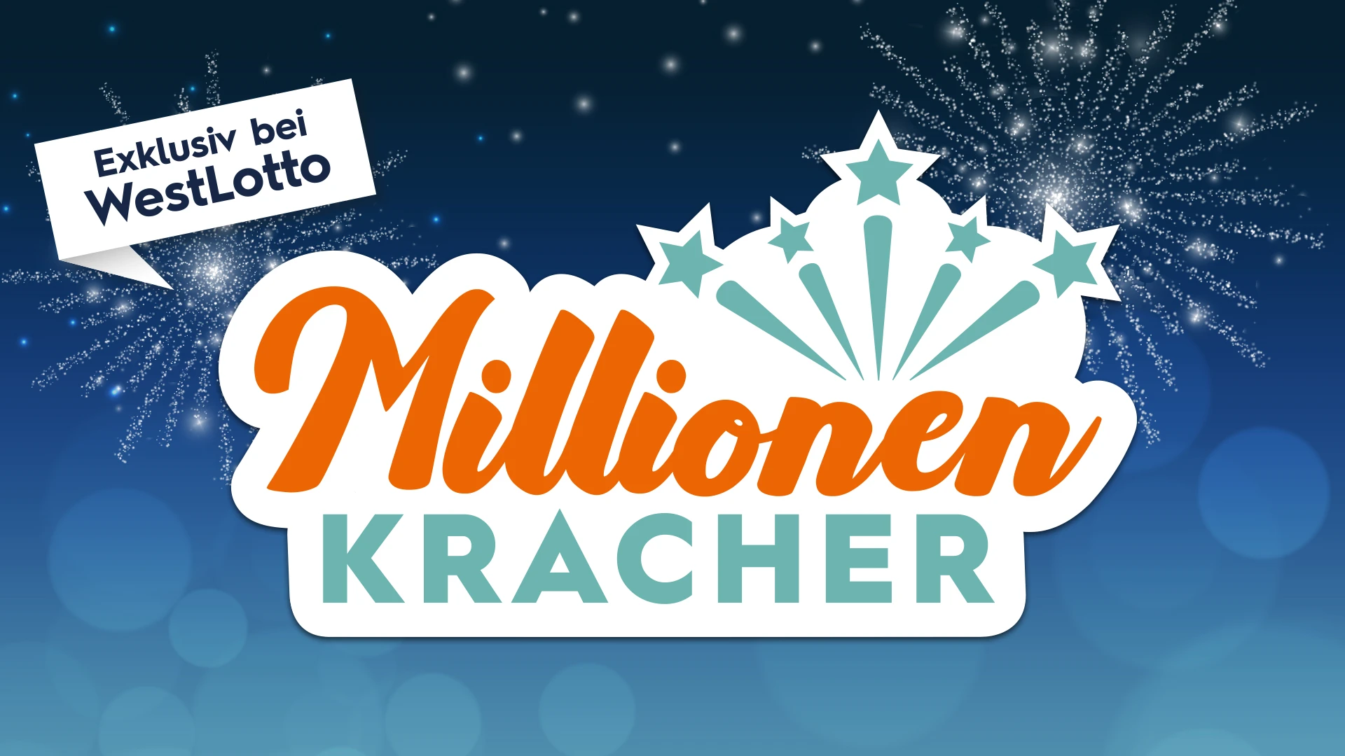 Blauer Hintergrund mit MillionenKracher-Logo. Exklusiv bei WestLotto.