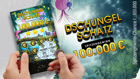 WestLotto Rubbellos Dschungel Schatz. Spitzengewinn 100.000 €. Chance auf den Spitzengewinn 1 : 651.000.