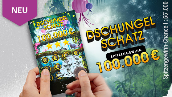 WestLotto Rubbellos Dschungel Schatz. Spitzengewinn 100.000 €. Chance auf den Spitzengewinn 1 : 651.000.