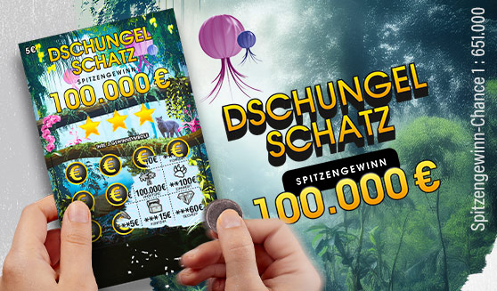 WestLotto Rubbellos Dschungel Schatz. Spitzengewinn 100.000 €. Chance auf den Spitzengewinn 1 : 651.000.