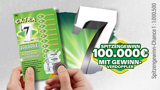 Darstellung des Rubbelloses Extra 7, auf dem eine kleine aufgerubbelte Fläche zu sehen ist. Ebenso ist die Zahl 7 in groß dargestellt, zusaetzlich ist der Spitzengewinn von 100.000 Euro abgebildet.