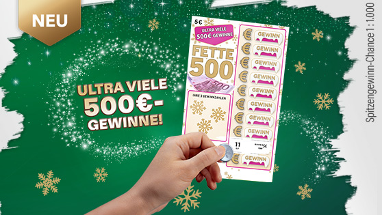 Darstellung des weißen Rubbelloses Fette 500 Winter und Ankuendigung ultra vieler 500-Euro-Gewinne