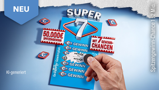 Hand rubbelt ein „Super 7“-Los frei, mehrere Gewinnfelder sichtbar, beworben mit sieben Gewinnchancen und 50.000 € Spitzengewinn.