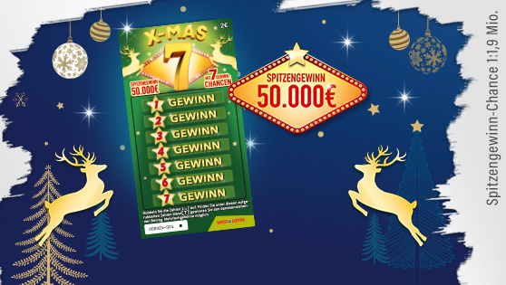 Rubbellos Super 7, Spitzengewinn 50.000 € vor einem weihnachtlichen Hintergrund