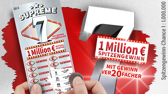 Grauer Hintergrund, rote Flaeche, darauf das neue Rubbellos Supreme 7, Ankuendigung von 1 Mio. Euro Spitzengewinn