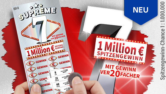 Grauer Hintergrund, rote Flaeche, darauf das neue Rubbellos Supreme 7, Ankuendigung von 1 Mio. Euro Spitzengewinn