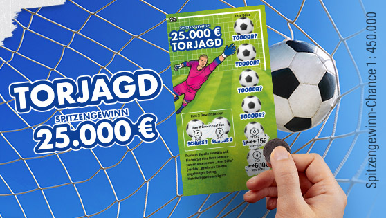 Abbildung des neuen grünen Rubbelloses Torjagd vor einem Fußball, der gerade im Tornetz landet. Spitzengwinn 25.000 €.