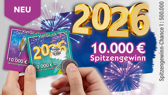 Abbildung der bunten Viel Glück Rubbellose, eine Hand hält ein Geldstück und rubbelt die Rubbelfläche auf. Spitzengewinn 10.000 €