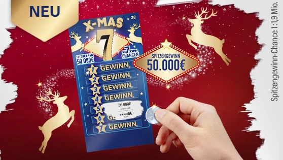 Abgebildet das Weihnachtslos X-MAS 7 mit Ankündigung des Spitzengewinns von 50.000 Euro