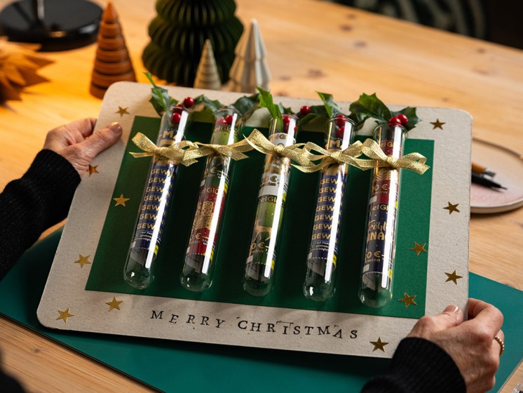 DIY mit in Reagenzgläsern gesteckten Weihnachts-Rubbellosen von WestLotto
