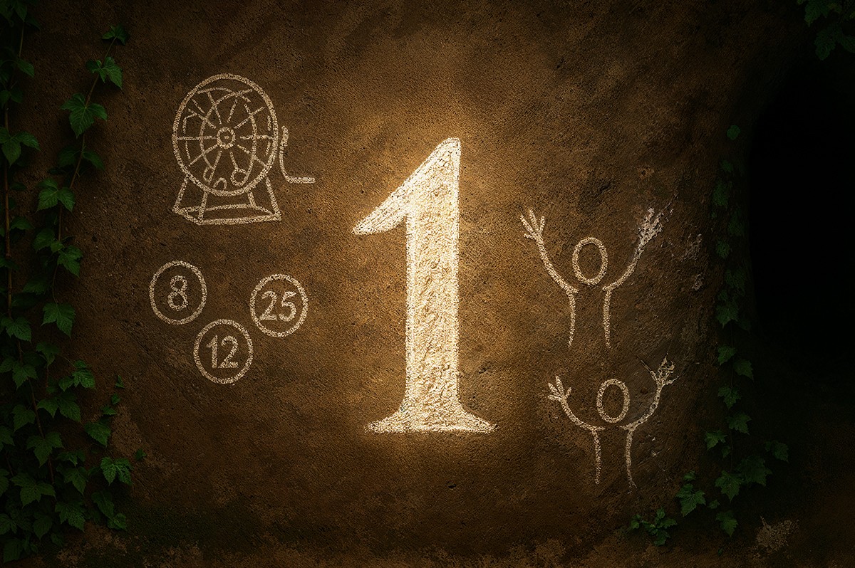 Eine leuchtende 1 steht auf einer dunklen Wand, daneben Höhenmalerei - WestLotto Glückszahlen