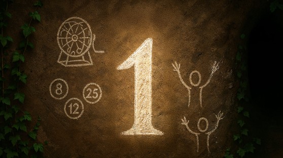 Eine leuchtende 1 steht auf einer dunklen Wand, daneben Höhenmalerei - WestLotto Glückszahlen