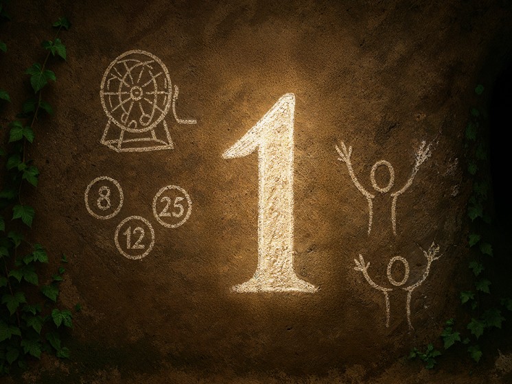 Eine leuchtende 1 steht auf einer dunklen Wand, daneben Höhenmalerei - WestLotto Glückszahlen