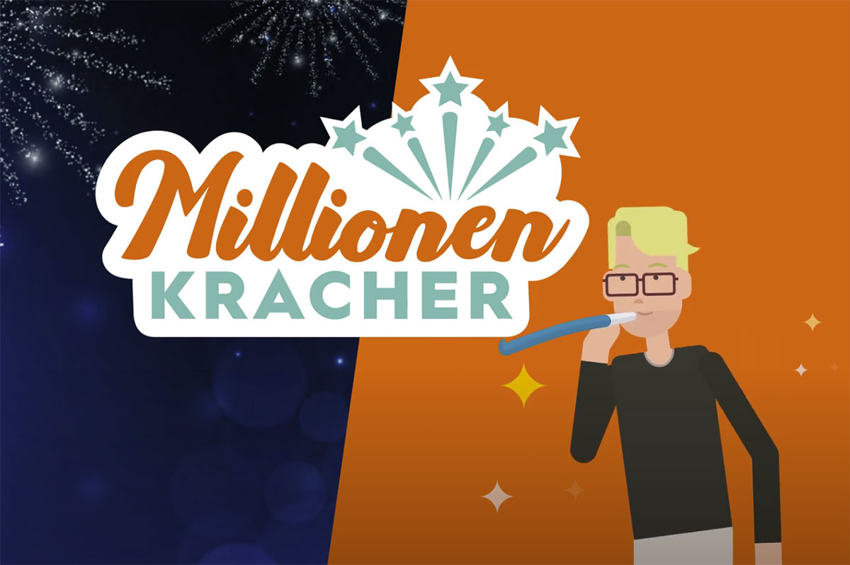 Comic-Figur steht neben MillionenKracher-Logo | WestLotto