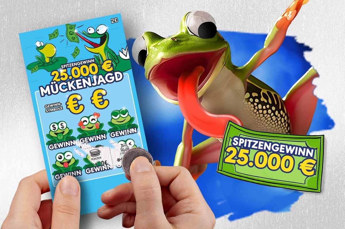 Grafik zeigt das Rubbellos und einen großen Frosch, der mit seiner Zunge auf Mückenjagd ist | WestLotto-Rubbellos Mückenjagd