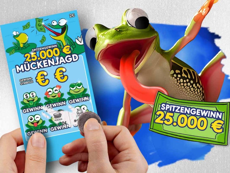 Frosch neben WestLotto-Rubbellos Mückenjagd