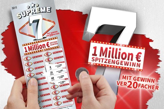 WestLotto-Rubbellos Supreme 7 wird aufgerubbelt. Daneben eine große 7