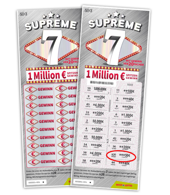Zwei WestLotto-Rubbellos Supreme 7 - eins geschlossen, eins aufgerubbelt