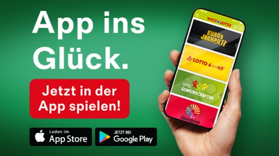 Hand hält Smartphone hoch, auf dem WestLotto-App geöffnet ist. Daneben steht Schrift. | WestLotto Gutschein