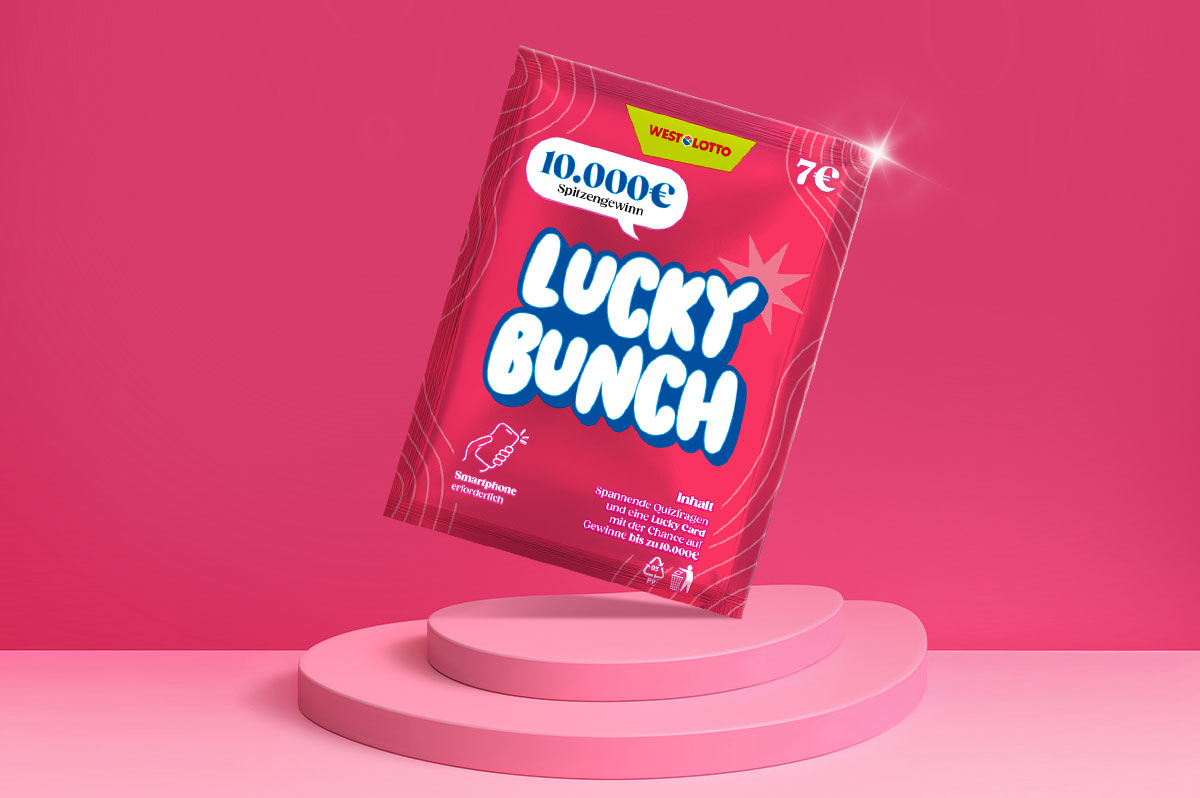 WestLotto-Rubbelquiz Lucky Bunch auf pinkem Podest und vor pinkem Hintergrund