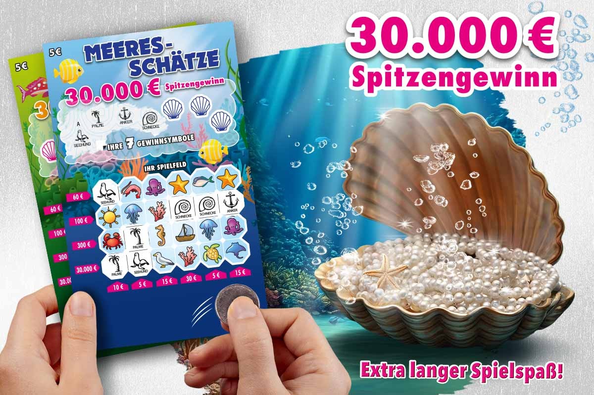 Grafik mit Rubbellos neben einer Muschel voller Perlen | WestLotto Rubbellos Meeres-Schätze
