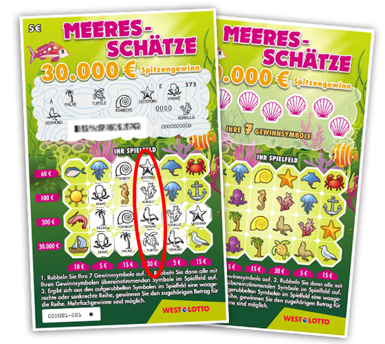 Zwei Meeresschätze-Rubbellose - eins geschlossen, eins aufgerubbelt | WestLotto-Rubbellos