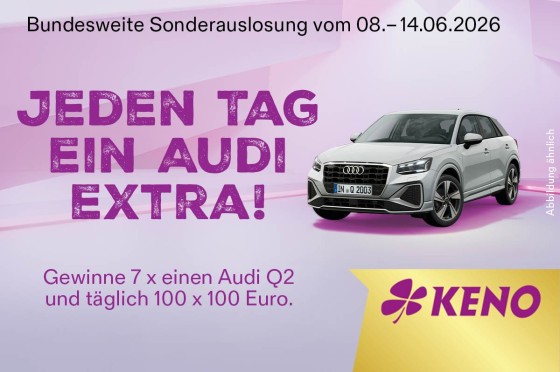 Infografik zur Keno Sonderauslosung mit dem Hauptgewinn; einem Audi Q2