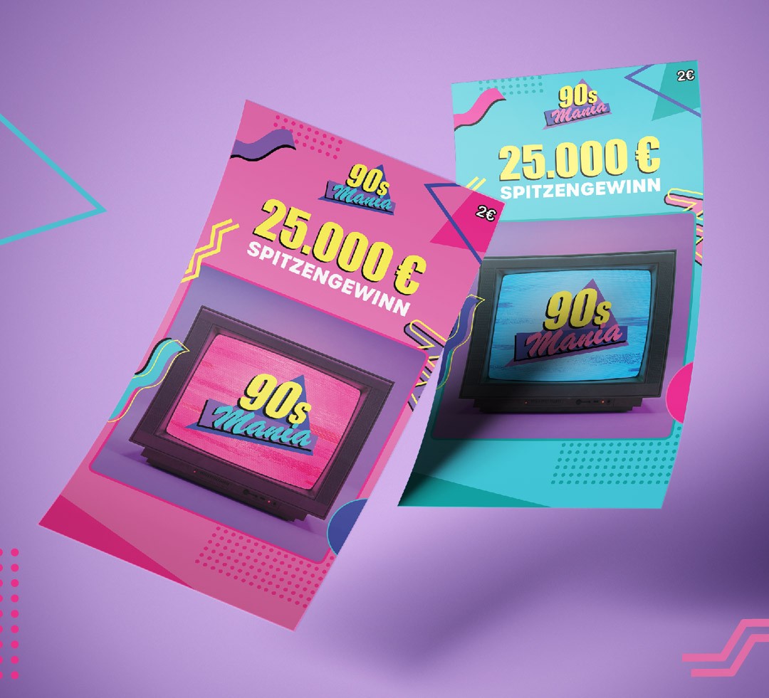 Zwei WestLotto-Rubbellose 90s Mania vor lilafarbenem Hintergrund