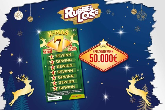 WestLotto-Rubbellos X-MAS 7 vor weihnachtlichem Hintergrund